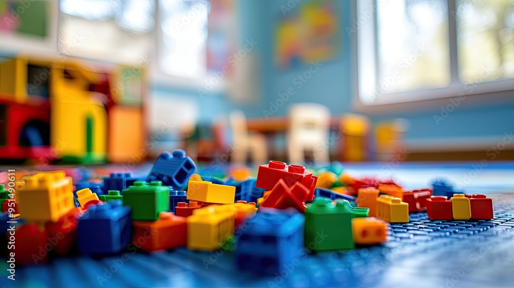 Poster A close-up of a colorful pile of plastic building blocks scattered on the floor of a nursery classroom, ready for imaginative play.