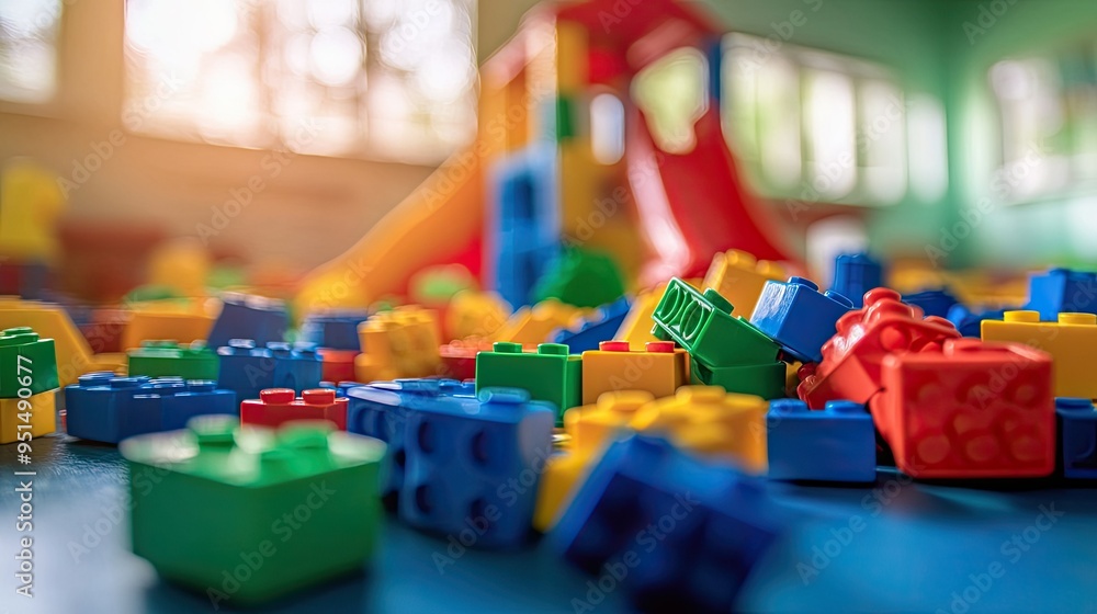 Poster a close-up of a colorful pile of plastic building blocks scattered on the floor of a nursery classro