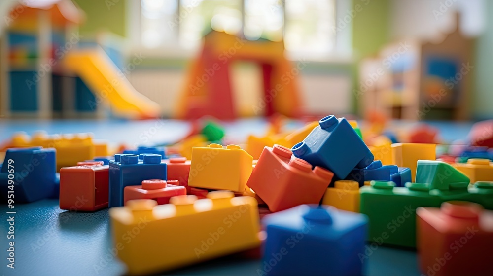 Poster a close-up of a colorful pile of plastic building blocks scattered on the floor of a nursery classro