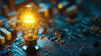 A close-up of a yellow lightbulb lit up on a circuit board, surrounded by electronic elements, symbolizing energy and creativity.