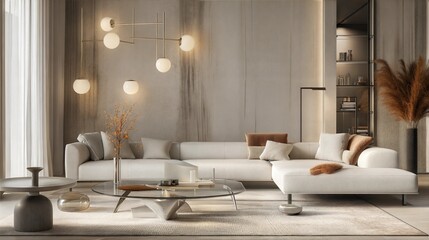 Minimalist living room interior with modern white sofa, natural light, and decorative plants