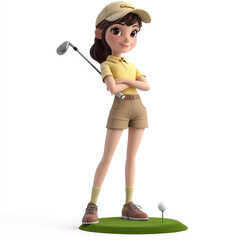 3D cartoon of a woman playing golf, against a solid white background
