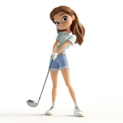 3D cartoon of a woman playing golf, against a solid white background