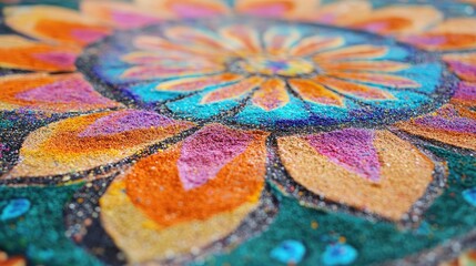 Obraz premium A close-up of traditional Indian rangoli patterns made with colored powders, highlighting the intricate artistry and cultural significance.