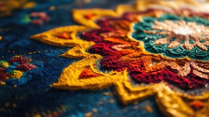 Obraz premium A close-up of traditional Indian rangoli patterns made with colored powders, highlighting the intricate artistry and cultural significance.