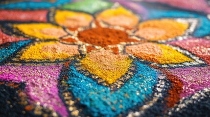Obraz premium A close-up of traditional Indian rangoli patterns made with colored powders, highlighting the intricate artistry and cultural significance.