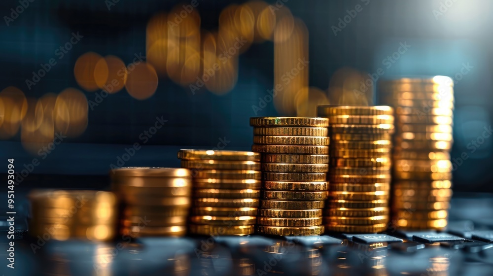 Aufkleber an investment course featuring golden coins and a rising profit graph on a blue background. the coin