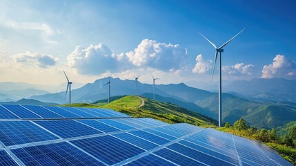 A collage featuring solar panels and wind turbines, symbolizing eco-friendly renewable energy solutions in a sustainable landscape.