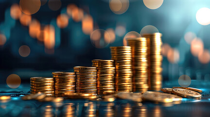 An investment course featuring golden coins and a rising profit graph on a blue background. The coins appear to be increasing in value, while the profit graph shows a steady upward trend.