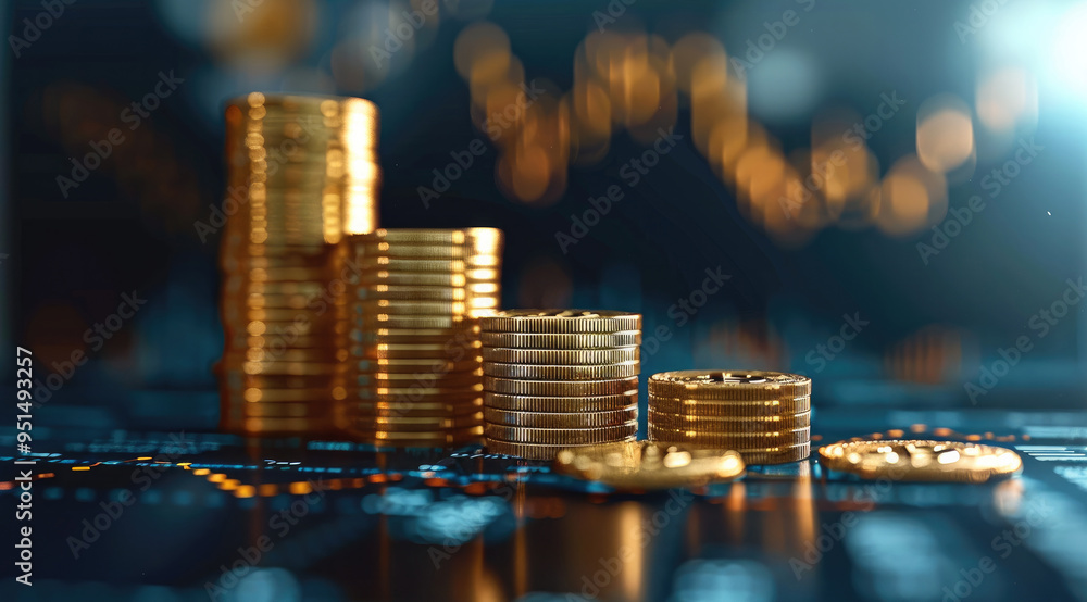 Aufkleber an investment course featuring golden coins and a rising profit graph on a blue background. the coin