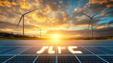 A collage of solar panels and wind turbines set against a bright, eco-friendly environment, illustrating the future of clean energy.