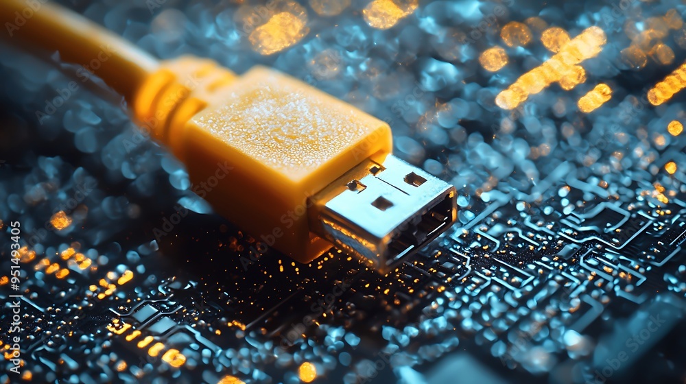 Poster a close-up of a usb connector on a circuit board, highlighted by bokeh lights, symbolizes the intric