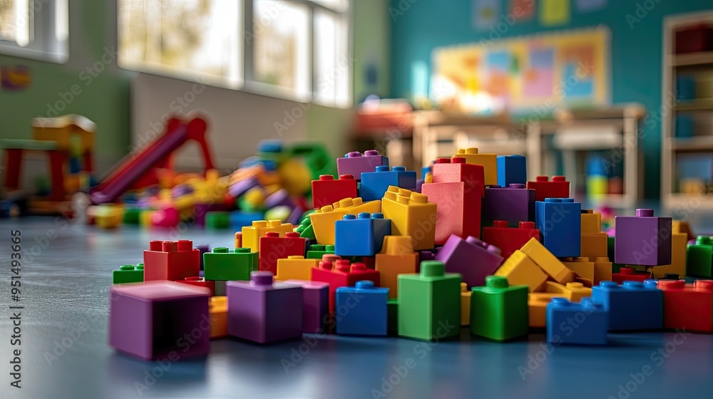 Poster a colorful assortment of plastic building blocks piled on the floor in a nursery classroom, inviting