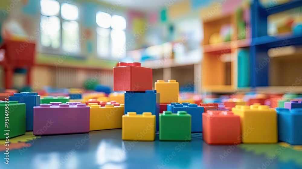 Poster a colorful assortment of plastic building blocks piled on the floor in a nursery classroom, inviting