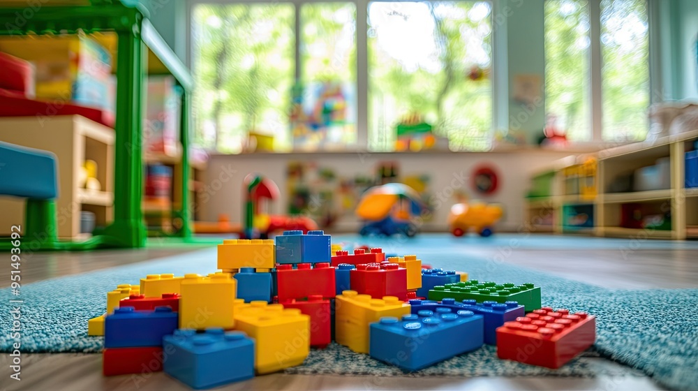 Poster a colorful assortment of plastic building blocks piled on the floor in a nursery classroom, inviting