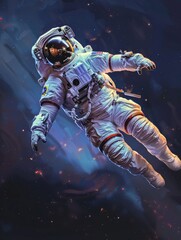 Fototapeta premium make me a logo, show me an astronaut floating in a spacestation, paint style, cartoon style 