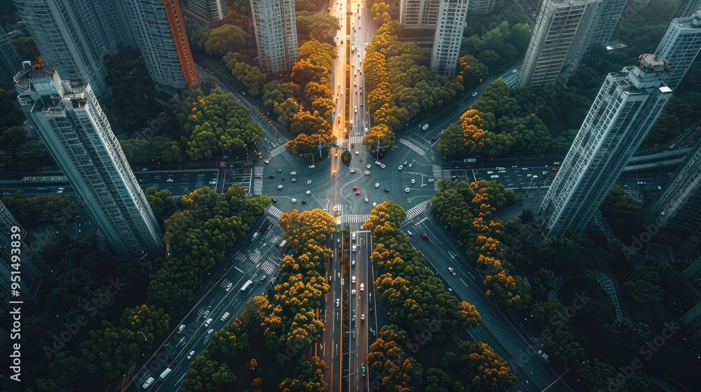 Poster A modern urban development with high-tech transportation systems and energy, efficient infrastructures. Aerial high view. Generative AI.