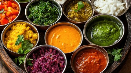 A colorful platter of Indian chutneys, including mint, tamarind, and coconut, showcasing the variety and vibrancy of Indian condiments.