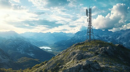 Obraz premium A communication antenna on a remote mountain hill, with a scenic backdrop of nature, representing the reach of technology.