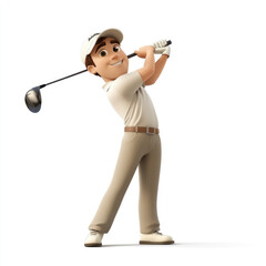 3D cartoon of a man playing golf, against a solid white background