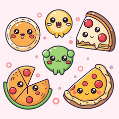 Fototapeta premium Cartoon set of different circle pizza food kawaii