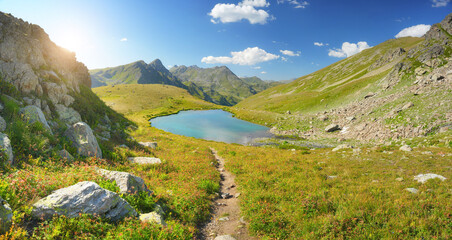 Panorama of landscape of lake in mountain. Nature and landscape. 