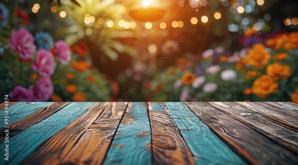 Poster A festive and vibrant image of an empty wooden table top, surrounded by colorful paper and a bokeh garden backdrop, ideal for product. Generative AI.