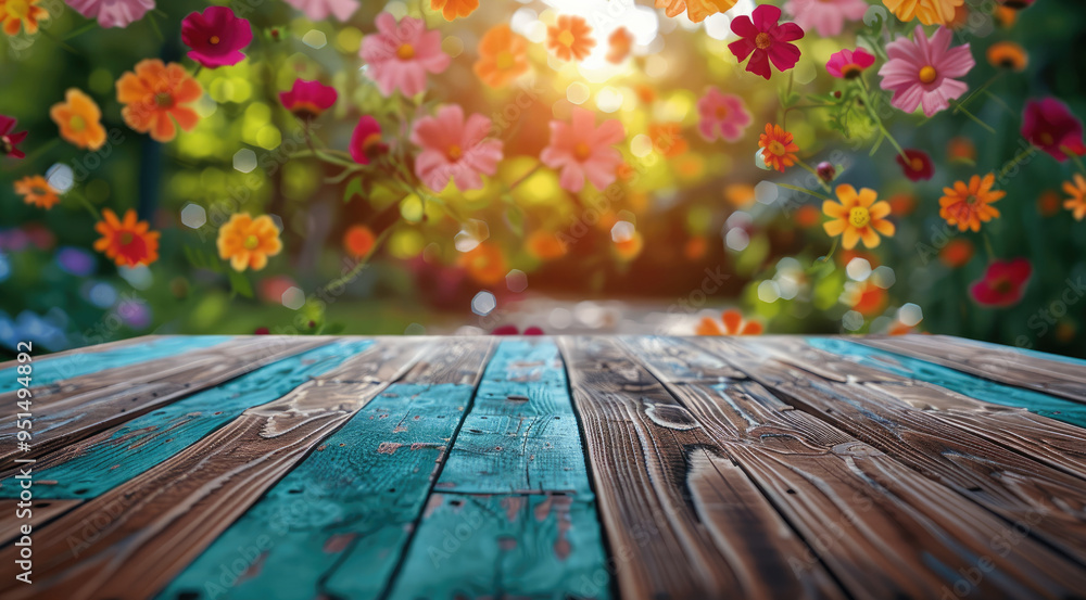 Poster A festive and vibrant image of an empty wooden table top, surrounded by colorful paper and a bokeh garden backdrop, ideal for product. Generative AI.