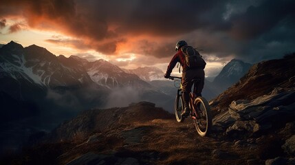 Obraz premium an mountain bike rider riding a trail at dusk