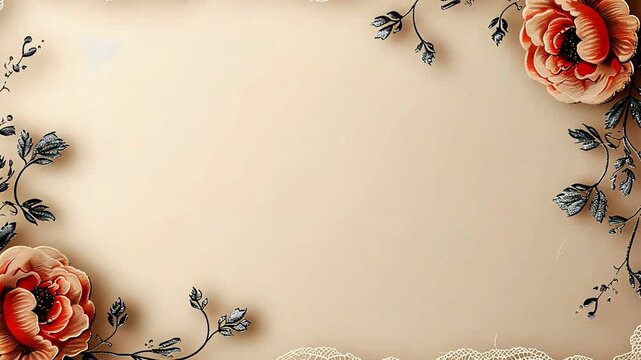 A delicate floral border with two peach roses and vines in a corner frame on a light beige background.