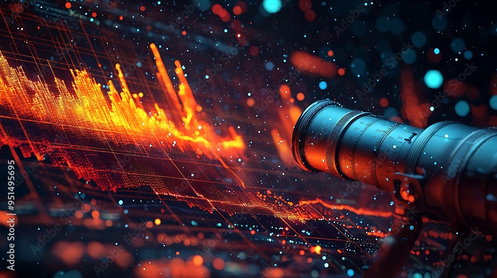 Poster a camera lens captures an abstract data background filled with bokeh lights, blending technology wit