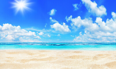 Paradise tropical island, sea beach landscape, ocean, beautiful nature panorama background, summer holidays concept, vacation, travel banner template, Caribbean, Thailand, Maldives, empty copy space