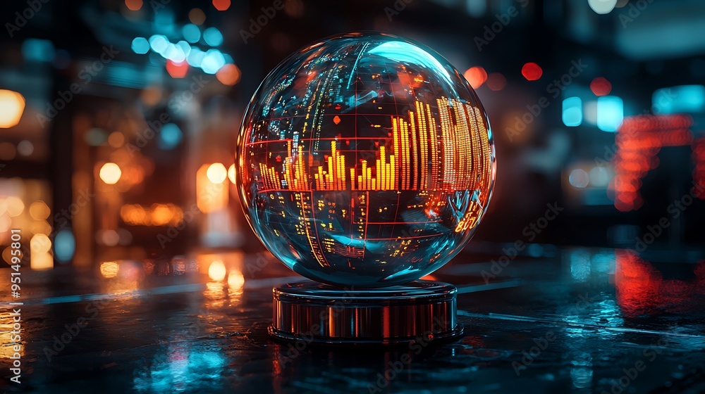 Poster a futuristic crystal ball with data visualization and bokeh lights offers a glimpse into the complex