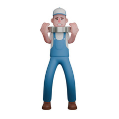 Professional Male Mechanic in 3D Animation. A mechanic is standing with both hands lifting the gear. Technical