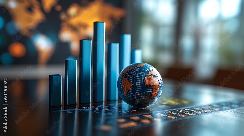 Poster a bar chart and globe on a desk represent global business growth, blending analytics with a world vi
