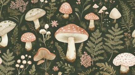 Enchanting forest-themed pattern with tiny mushrooms, fern leaves, and delicate flowers in moss green and dusty rose tones.
