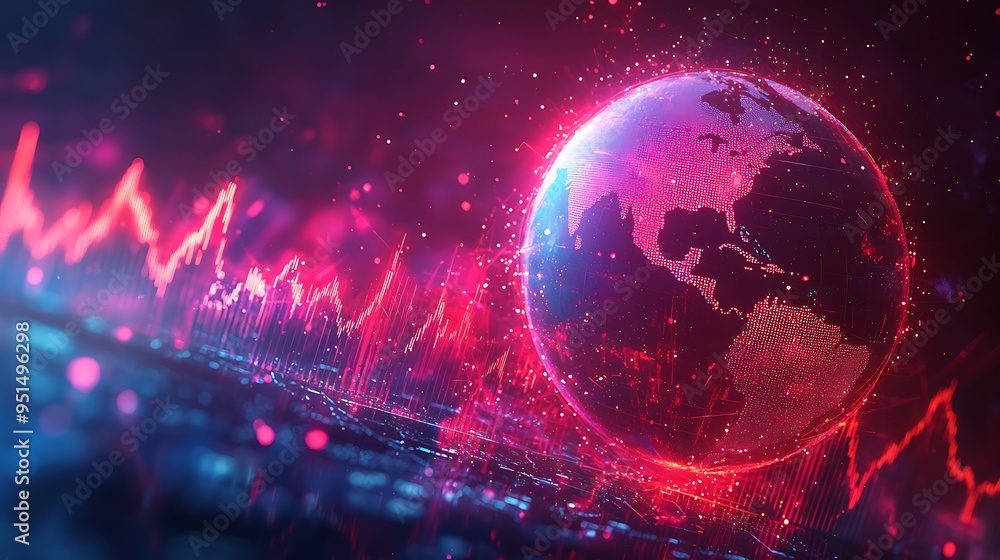 Poster a digital earth with red and blue data visualizations highlights the interconnected world of stock m