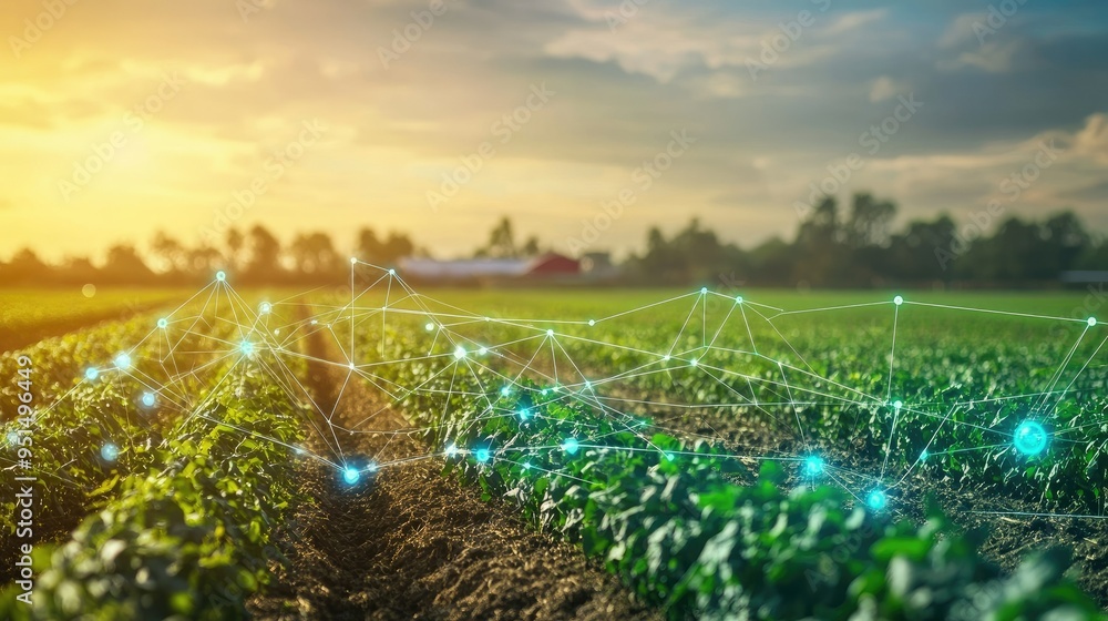 Poster a farm background with digital elements, showcasing how technology is transforming agricultural prac