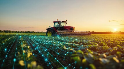 A farm background with digital elements, showcasing how technology is transforming agricultural practices for better productivity.