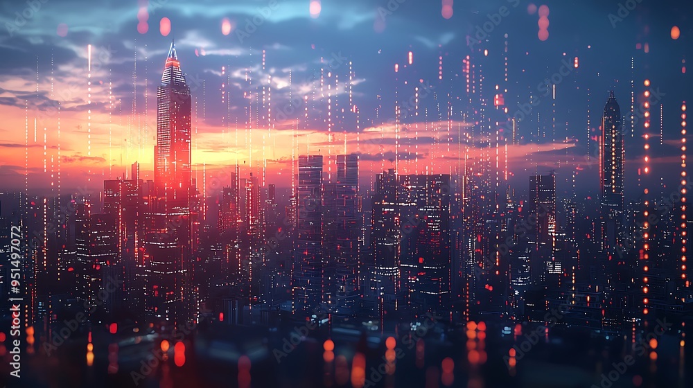 Poster a futuristic cityscape with digital data streams at sunset captures the convergence of technology an