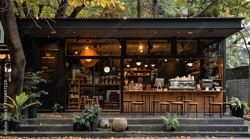 Poster The front of the coffee shop is decorated with trees and black architecture. Generative AI.