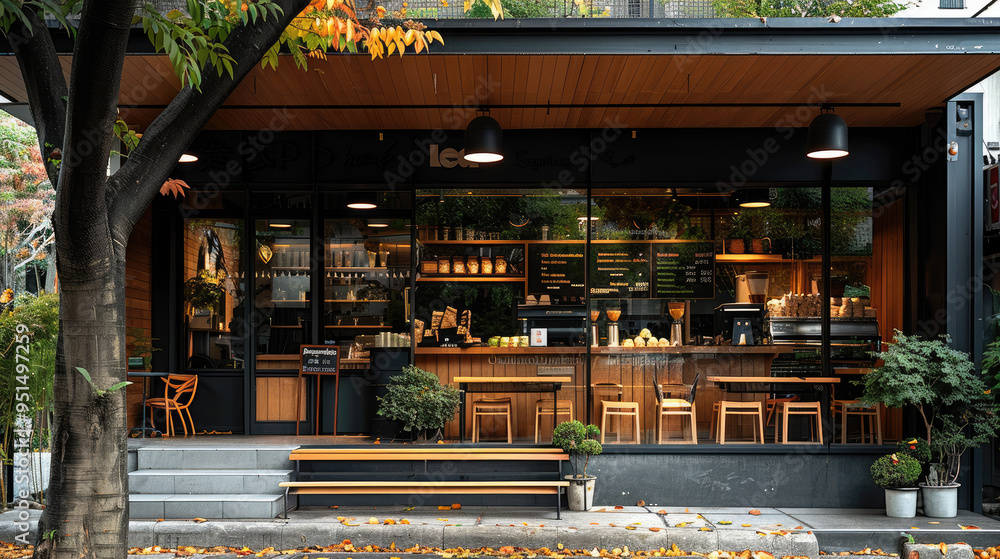 Poster The front of the coffee shop is decorated with trees and black architecture. Generative AI.