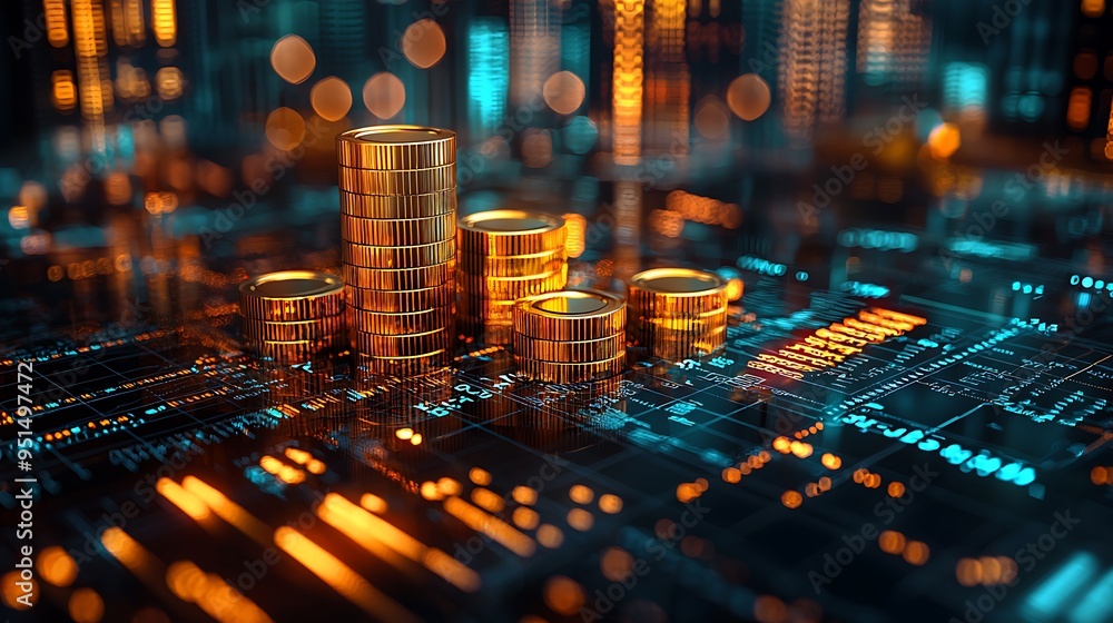Poster stacks of golden coins rest on an abstract finance chart, symbolizing the relationship between wealt