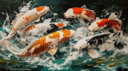 A group of Koi carps darting through the water, their swift movements creating a dynamic and lively scene in the pond.