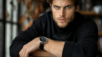 A man wearing a black sweater and a watch is sitting on a chair