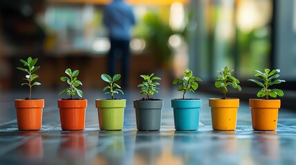 Colorful potted plants line up on a shiny surface, their vibrant hues reflecting light in a cheerful display.