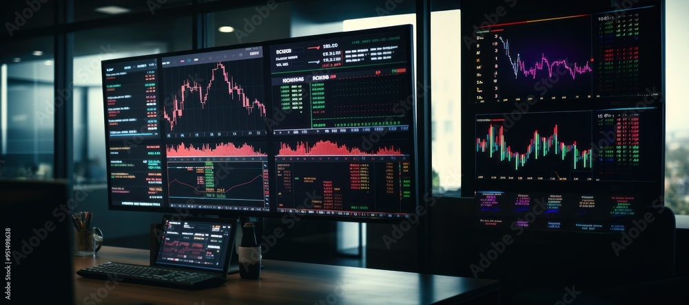 Poster market charts computer screen display.
