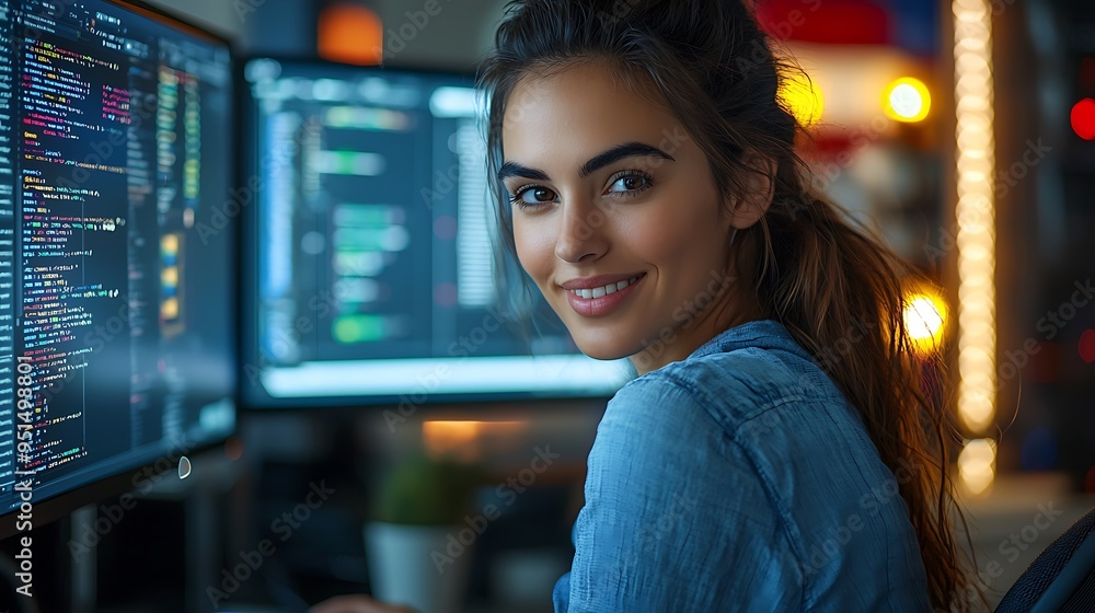 Poster a smiling female programmer codes on her computer at night, her screen illuminating her focused and 