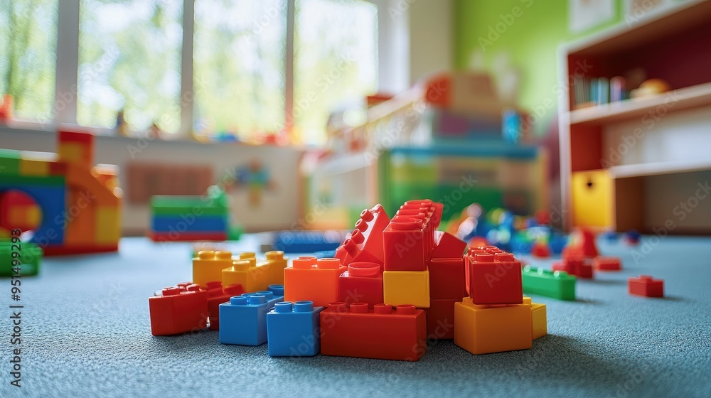 Poster a heap of multicolored plastic building blocks on the floor of a nursery, creating a playful and cre