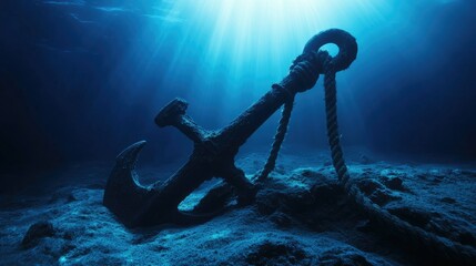 Naklejka premium A heavy anchor with a thick rope attached, resting on the seabed, surrounded by deep blue ocean water and subtle light filtering down.